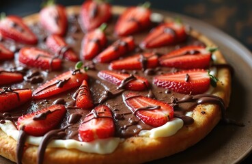 Brazilian sweet pizza dessert with chocolate sauce, fresh strawberry slices on wooden board. Delicious baked pastry treat. Perfect combo of flavors. Gourmet meal for happy people, cafe, restaurant,