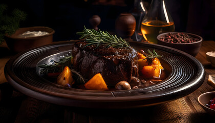 Gourmet Beef Steak Dinner with Roasted Vegetables and Rosemary Garnish on Dark Plate