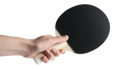 Woman with ping pong racket on white background, closeup