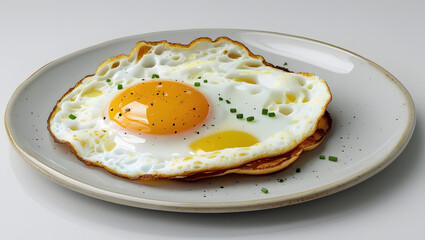 Fried eggs sprinkled with pepper powder and spring onions are served on a plate.