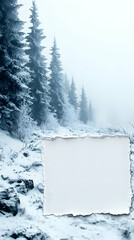 Snowy mountain scene with blank torn paper overlay
