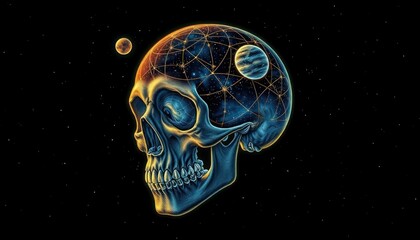 Interstellar Skull: A Cosmic Depiction of Mortality and the Boundless Universe within our Minds