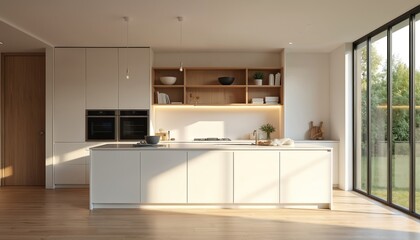 Modern white kitchen design with wooden elements. Interior features minimalistic cabinetry, Scandinavian home decor. Evening lighting creates cozy atmosphere, luxury vibes. Kitchen appliances,