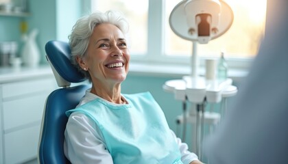 Fototapeta premium Smiling senior woman dental checkup in dentist office. Happy elderly female at teeth care. Healthy white teeth, positive emotions, well-being concept. Elderly patient, dental clinic, health care.