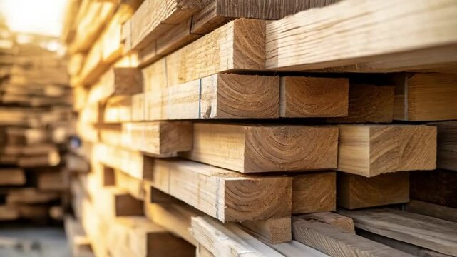 Stacked wooden planks arranged in horizontal layers showcasing natural grain.