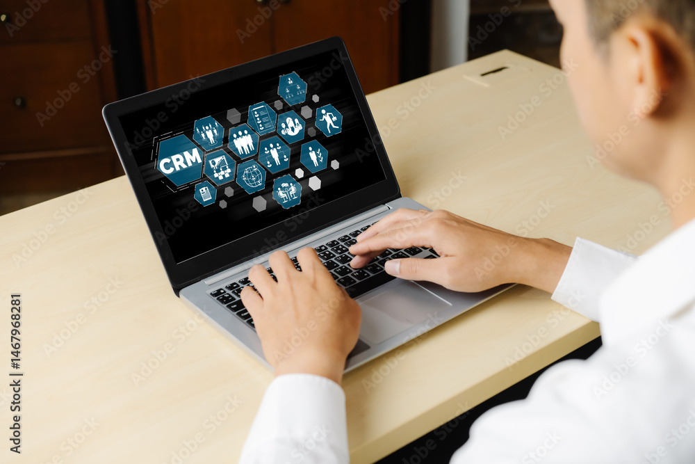 Poster customer relationship management system on modish computer for crm business and enterprise