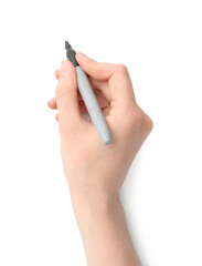 Woman with black marker on white background, closeup