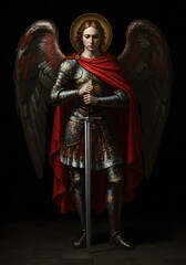 Obraz premium Contemplative archangel standing guard with sword against a dark backdrop symbolizing heavenly protection and spiritual warfare, a powerful representation