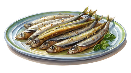 Beautiful hand painted image of preserved fish on a light blue plate