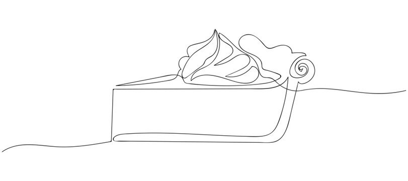 Continuous line drawing of Cheesecake tart, pie. Hand drawn vector cake piece. Doodle style illustration. Black outline isolated on white.