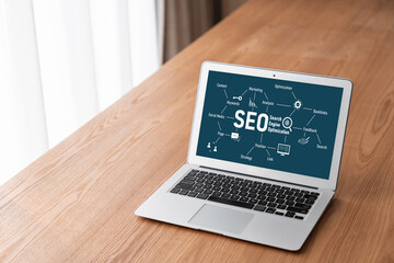 SEO search engine optimization for modish e-commerce and online retail business showing on computer...