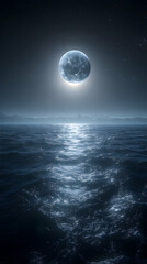 Fototapeta premium A serene full moon casts its ethereal glow upon a tranquil, dark ocean