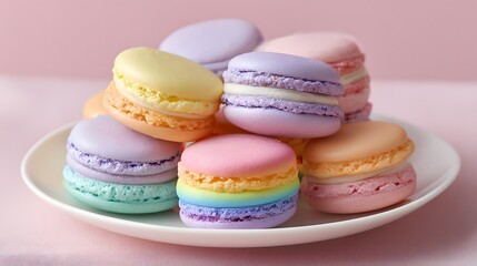 Obraz premium Assorted macarons in pastel shades, piled high on a white plate, against a pink background. Sweet treat!