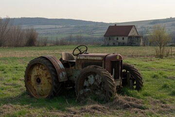 An old red rusty little tractor forgotten in the field. The field is overgrown with weeds. An abandoned farmhouse is visible in the distance. Early spring.