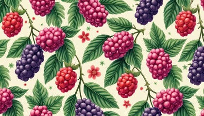Seamless mulberry pattern with vibrant red, purple berries. Botanical illustration of ripe fruits, green leaves, delicate flowers create juicy, fresh design. Suitable fabric texture, wallpaper, food
