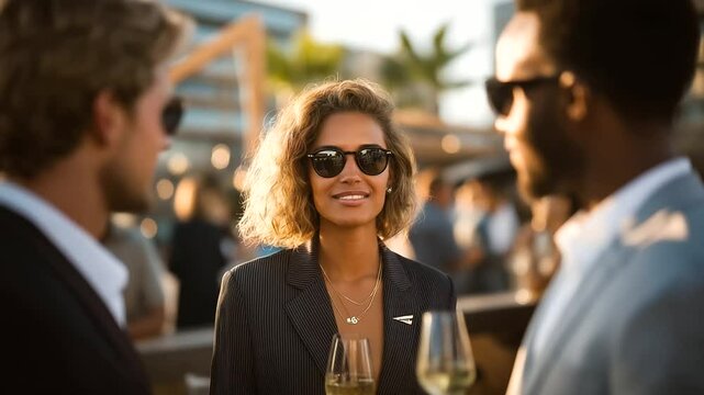Networking event on a rooftop with drinks during sunset
