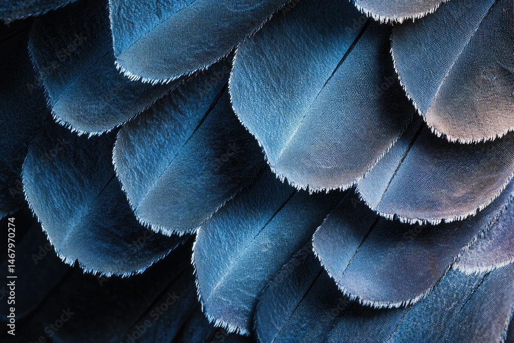 Poster close-up view of overlapping dark blue feathers, showcasing intricate texture and detail.