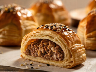 Tasty Meat-Filled Puff Pastry Bites for Appetizers &ndash; Savory Snack Close-Up