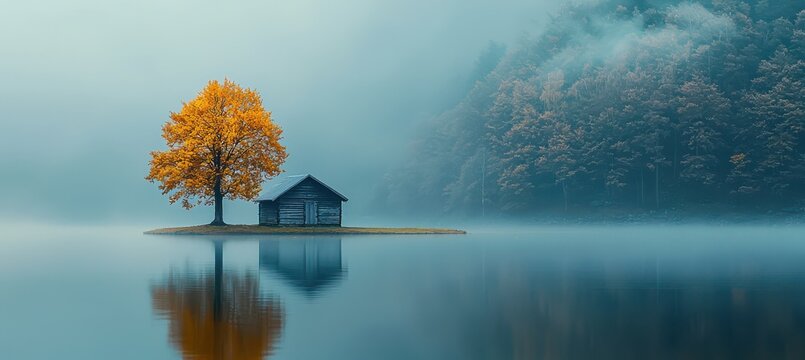 Serene autumn reflections at a mountain lake cabin