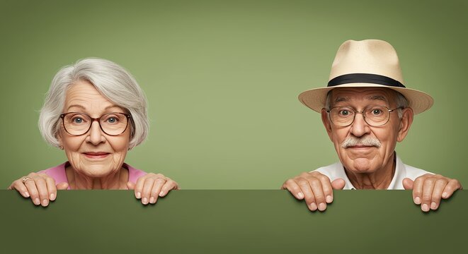 Happy elderly couple playfully peeking over a green edge against a muted green background with copy space