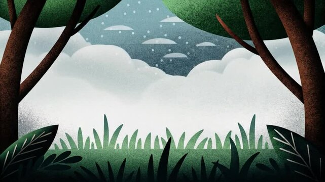 landscape with trees and clouds tree, nature, spring, illustration, vector, grass, summer, landscape, plant, leaf, sky, green, flower, forest, art, jungle, season, design, color, cartoon, field, tropi