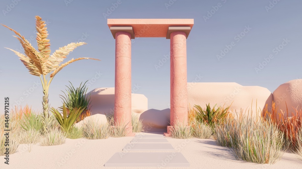 Poster a pink stone archway with two columns stands in a desert-like setting, surrounded by palm trees, shr