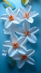 Elegant white paper flowers arranged on a blue background with coordinating leaf accents
