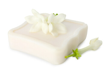 Bar of soap and jasmine flowers isolated on white