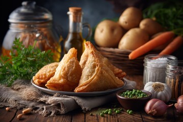 Samosa on a light plate on a clean wooden table, Around there are potatoes, carrots, peas in a glass jar, onions, garlic, cumin, turmeric, a small bunch of coriander, a bunch of parsley