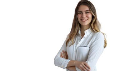 Portrait of a smiling woman with arms crossed wearing a white shirt on a TRANSPARENT background studio shot