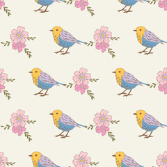 Pastel Birds and Flowers Vector Seamless Pattern n a whimsical vintage style