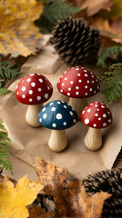 Hand-painted wooden mushroom figurines, red and blue with white dots, nestled amongst autumn leaves and pine cones
