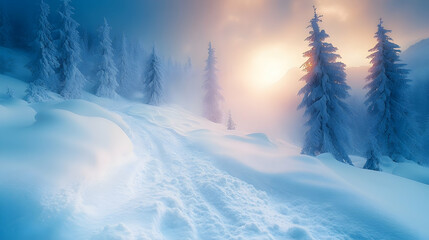 Fototapeta premium Magical winter landscape; snow-covered mountain with sunlit evergreens