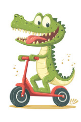 Smiling green dinosaur riding a red scooter in a playful and vibrant vector illustration for children