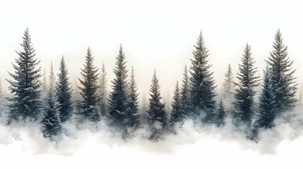 Fototapeta premium Misty evergreen forest shrouded in fog, creating a serene, ethereal landscape
