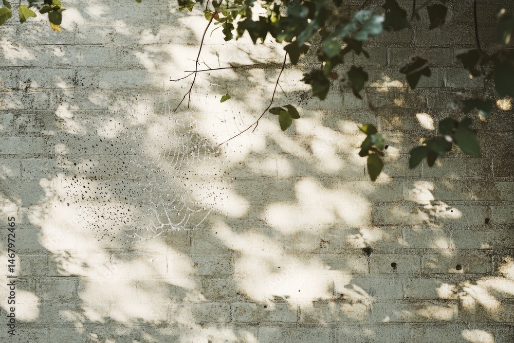 Poster sunlit brick wall with a delicate spiderweb, leaves and shadows creating a textured and nature-inspi