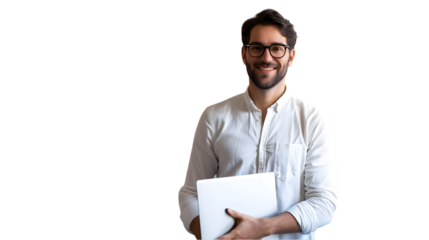 Man with glasses smiling holding a laptop wearing a white shirt against a dark background image