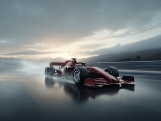 Formula One F1 Race Car testing on a wet track at sunset