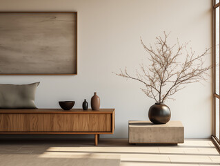 Minimalist japandi and wabi sabi style living room with rustic coffee table, faded walls and large artwork on the wall. Japanese style minimalist interior.