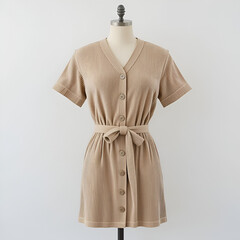 Beige corduroy mini dress with button front and waist tie display on plain white background