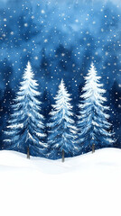 Obraz premium Three snow-covered evergreens stand against a twilight sky dusted with snowflakes