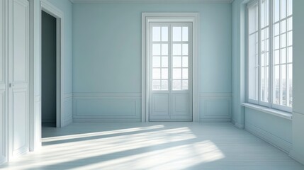 Fototapeta premium Serene Empty Room Light Blue Walls with White Trim Sunny Windows.