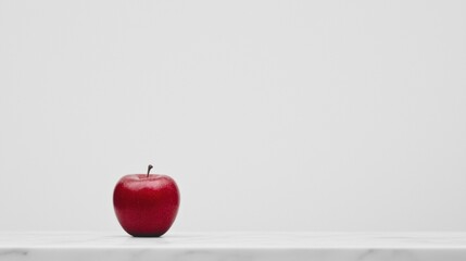 A single red apple sits on a white marble countertop.