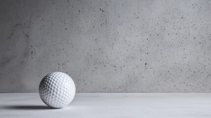 A white golf ball sits on a white surface against a gray wall.