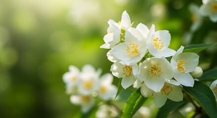Fototapeta premium White Jasmine Flowers in Bloom in Natural Green Garden 