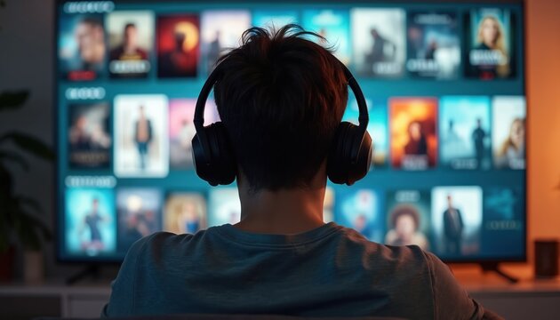 Man watches streaming movies online on television. Headphones on head, movie selection on screen. Subscription service, home entertainment, digital media, platform interface concept. Watching video