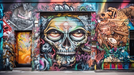 Naklejka premium Vibrant street art mural featuring a skull