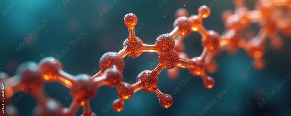 Poster close-up of molecular structure interconnected atoms. represents scientific, tech advancements in bi