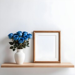 Blue Roses in White Vase with Wooden Frame Mockup on Shelf