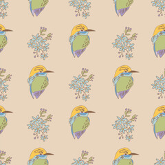 Pastel Birds and Flowers Vector Seamless Pattern n a whimsical vintage style